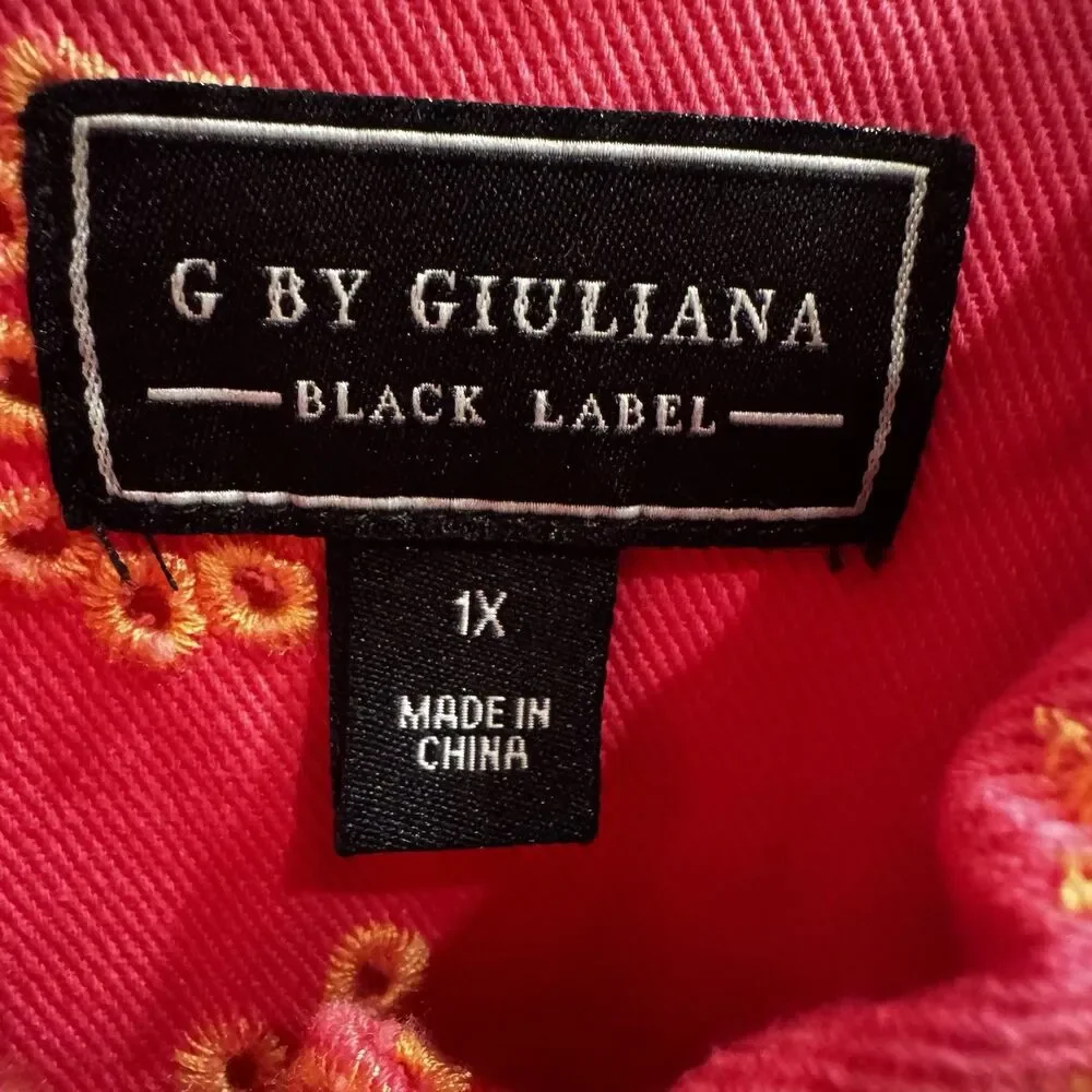 G by Giuliana Women's Black Label Puff-Sleeve Eyelet Jean Jacket Magenta Size 1X